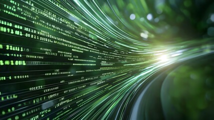 Digital transformation background featuring fast moving light streaks and neon green patterns symbolizing code transfer and electronic database speed with bokeh effect for depth and dynamic movement