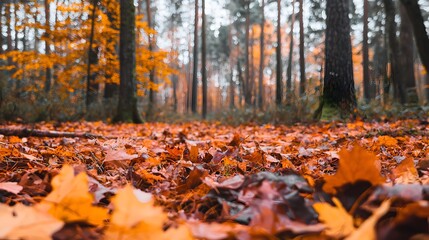 Peaceful autumn forest scene with a winding trail leading through a vibrant carpet of orange red and brown fallen leaves covering the ground  The tall trees create a tranquil and serene atmosphere