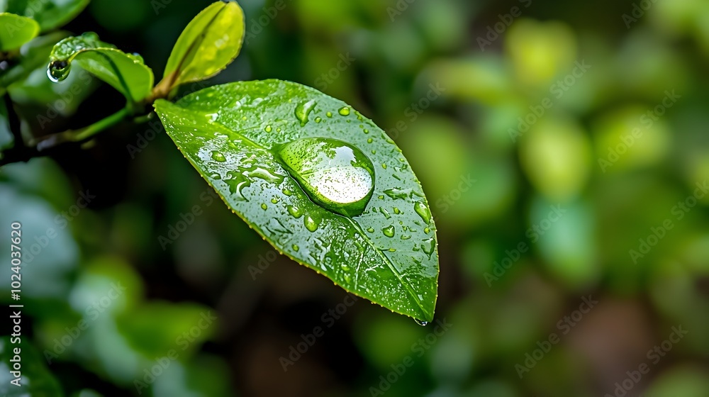 Poster macro close up of a single raindrop resting on the surface of a green leaf in a dense lush rainfores
