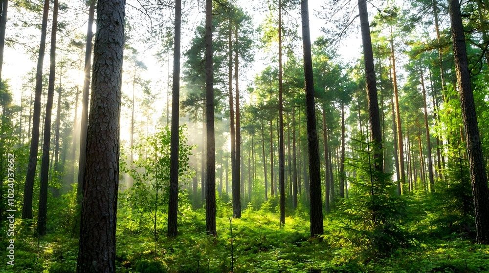Poster a dense misty forest of towering pine trees with soft filtered sunlight casting a warm ethereal glow