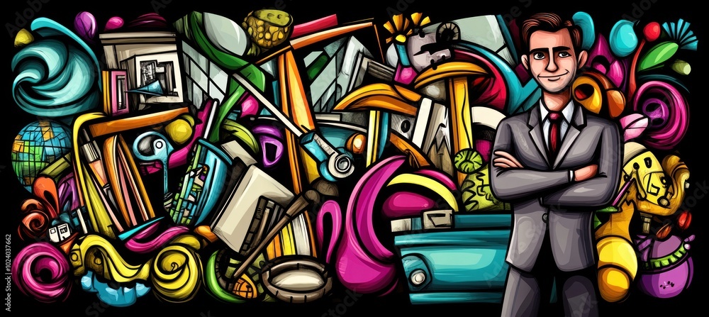 Poster a colorful illustration featuring a confident man surrounded by various abstract objects.