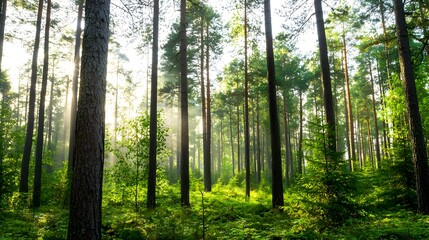 Fototapeta premium A dense misty forest of towering pine trees with soft filtered sunlight casting a warm ethereal glow through the hazy atmospheric environment The serene