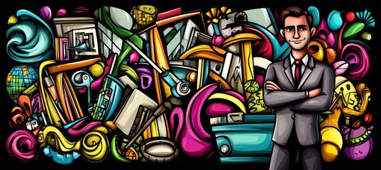 Obraz premium A colorful illustration featuring a confident man surrounded by various abstract objects.