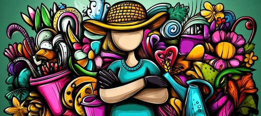 A colorful illustration of a gardener surrounded by vibrant flowers and gardening tools.