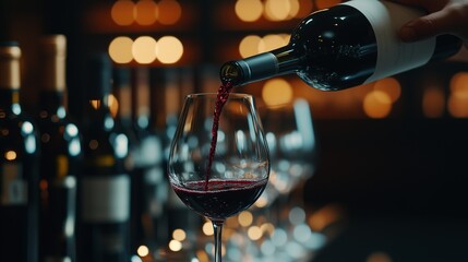 A professional sommelier carefully pouring wine into a tasting glass at a wine event, with rows of bottles on display in the background