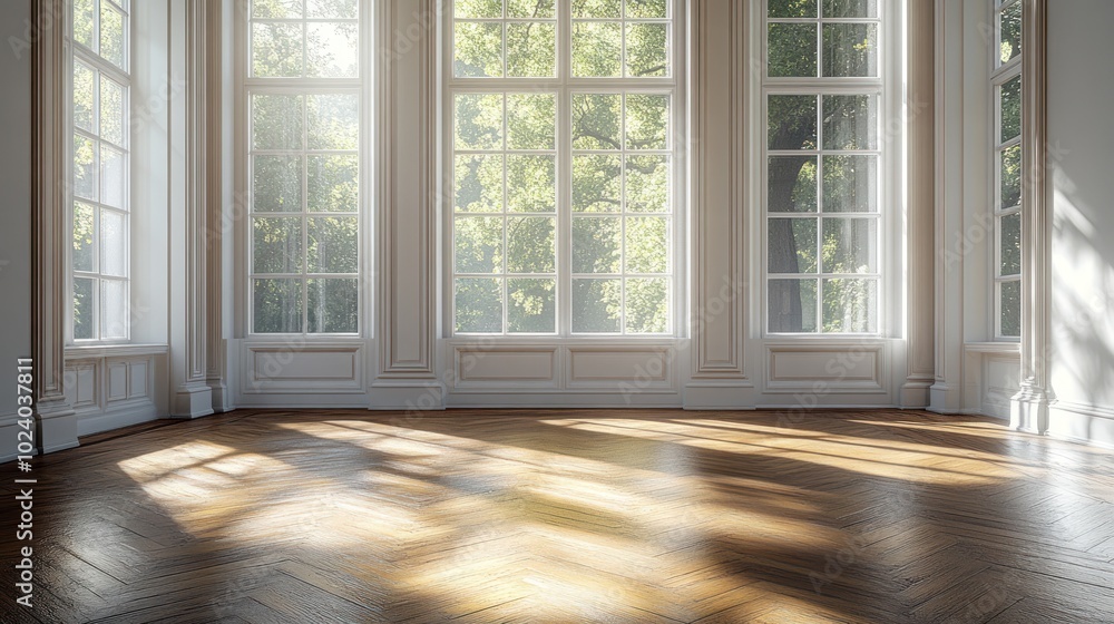 Poster empty room with large windows and wooden floor. sunlight streams through the windows, illuminating t