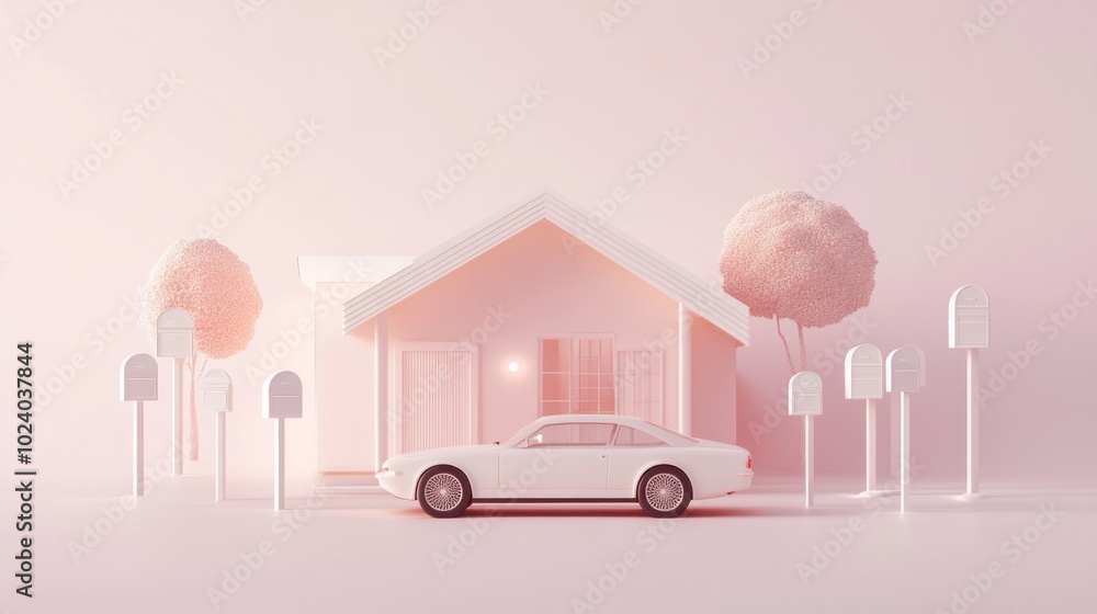 Wall mural A minimalist scene featuring a pastel house, car, and mailboxes in a serene environment.