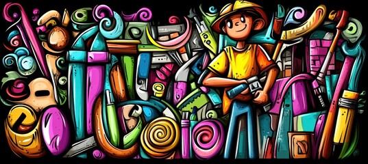 Obraz premium A colorful illustration of a cheerful character surrounded by various tools and vibrant designs.