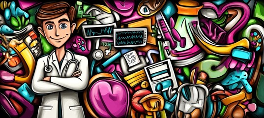 A vibrant illustration featuring a doctor among medical and health-related items.