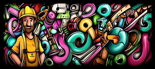 A colorful illustration featuring a smiling worker amidst vibrant, abstract shapes and tools.