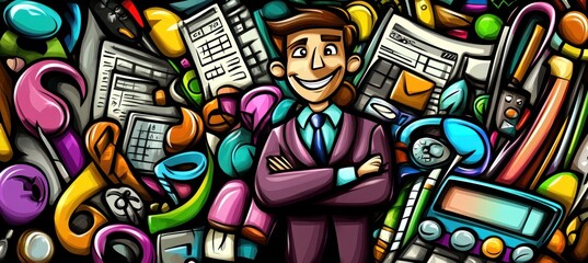 A cheerful businessman surrounded by various office supplies and documents.