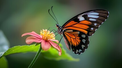 Fototapeta premium Close up of a beautiful butterfly resting gently on a colorful flower petal bathed in the soft warm glow of natural sunlight A serene and delicate natural moment captured in stunning detail