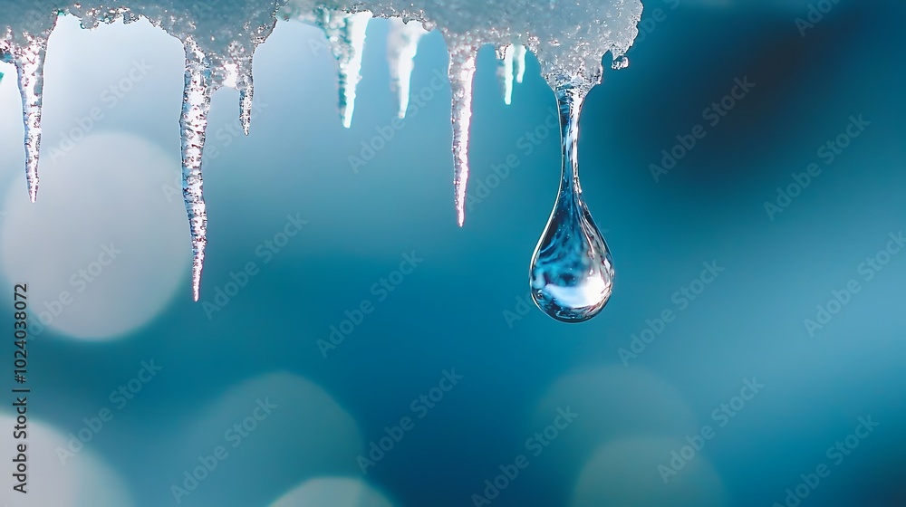 Poster captivating water drop falling in slow motion from the tip of an icy icicle symbolizing the subtle t