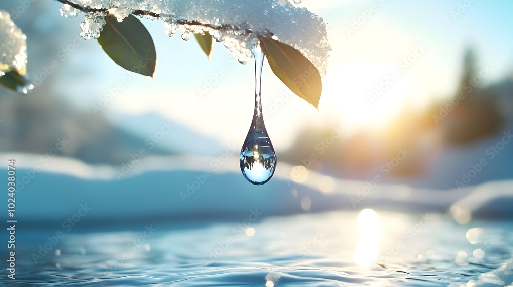 Aufkleber mesmerizing slow motion capture of a single water drop gently transitioning from the icy tip of an i