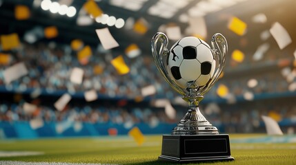 Fototapeta premium A soccer trophy on a field with confetti, symbolizing victory in sports.