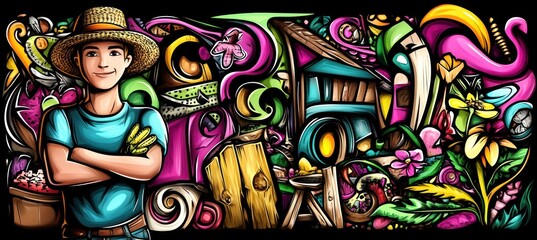 A colorful illustration featuring a person in a straw hat surrounded by nature and gardening elements.