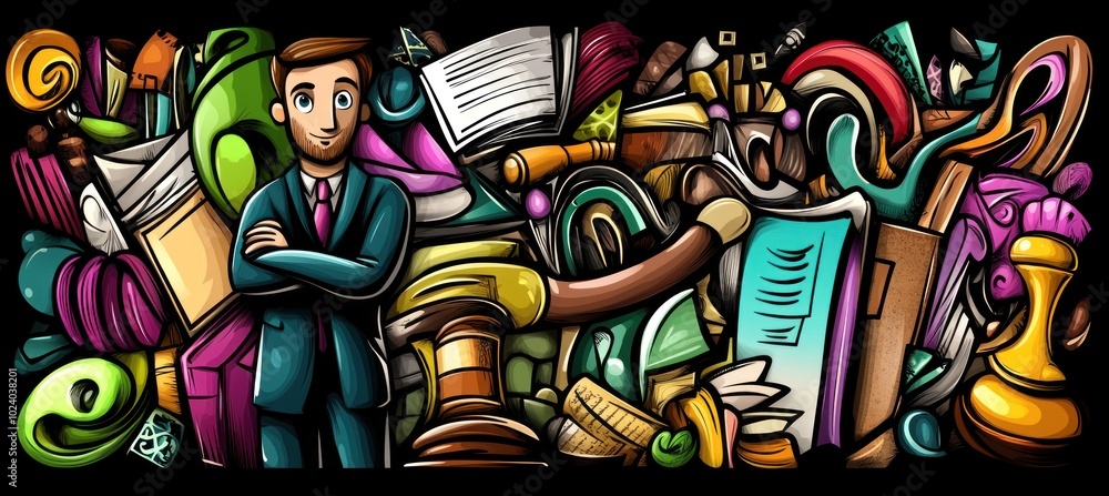 Poster a businessman stands amidst a chaotic array of objects symbolizing various concepts and ideas.