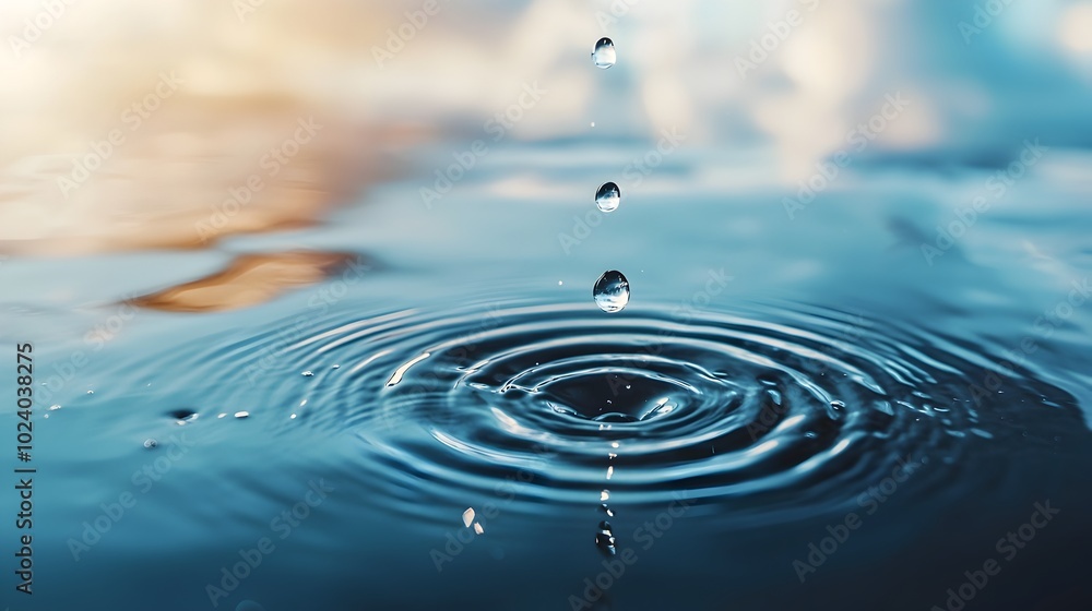 Poster gentle ripples expanding in concentric circles on the calm serene surface of a lake created by raind