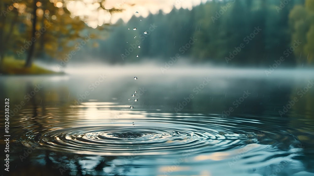 Poster captivating image showcasing the mesmerizing effect of raindrops hitting the calm surface of a lake 