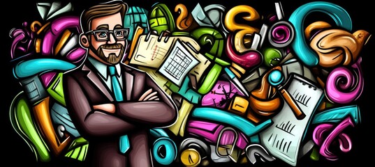 Obraz premium A professional man stands confidently amidst colorful office supplies and creative elements.