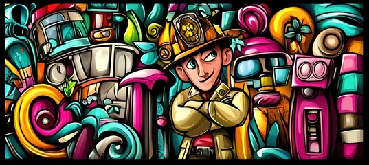 Obraz premium A colorful illustration featuring a confident firefighter surrounded by whimsical elements.