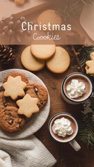 Fototapeta premium Cozy festive flat lay of sweet Christmas cookies and rich hot cocoa topped with whipped cream for a warm winter holiday celebration.