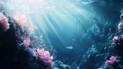 Fototapeta premium Sunbeams Illuminate Underwater Coral Reef