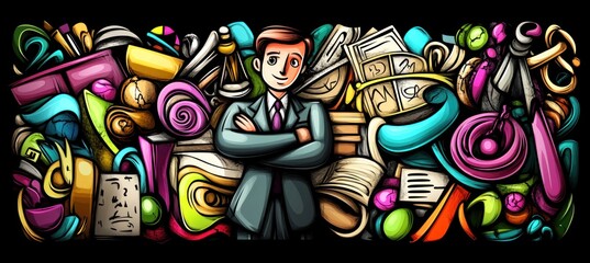 A businessman stands confidently amidst a colorful array of various objects and materials.
