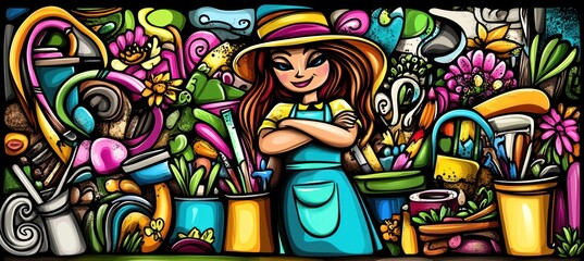 A cheerful gardener stands amidst colorful gardening tools and vibrant flowers.