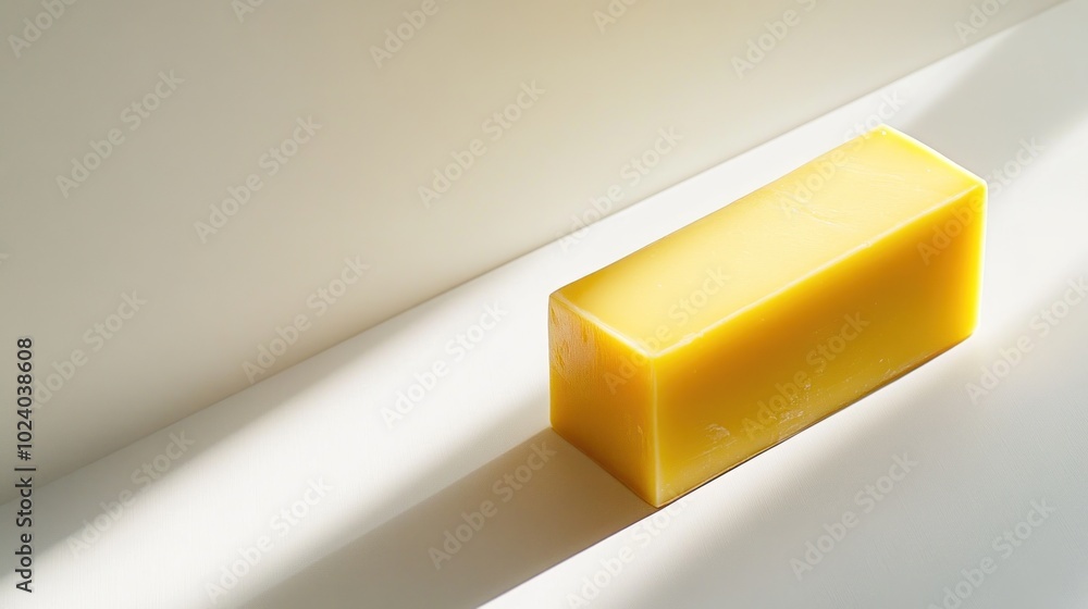 Poster a bright yellow block of soap resting on a light surface, illuminated by soft shadows.