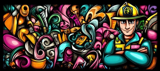 A vibrant illustration featuring a firefighter amidst colorful abstract designs.