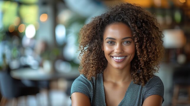 Smiling Woman with Curly Hair in a Cafe Setting