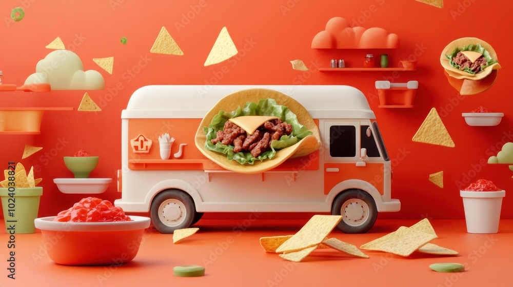 Poster A vibrant food truck scene featuring tacos, toppings, and snacks against a colorful backdrop.