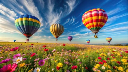 Fototapeta premium Hot air balloons flying over field of flowers