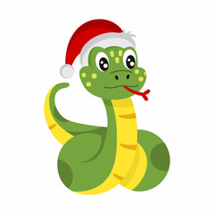 Cute snake in red Christmas hat. Symbol of new year 2025. Illustration for design of postcard.