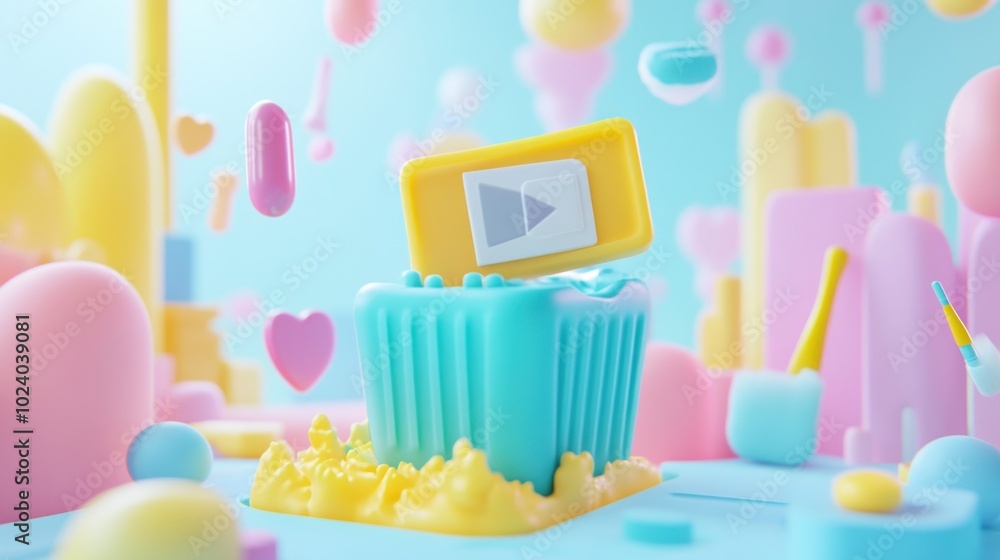 Poster a colorful 3d illustration featuring playful shapes and a video play button in a whimsical setting.