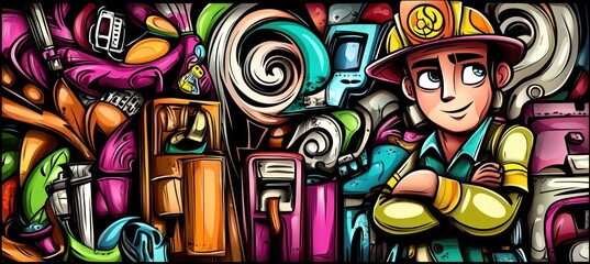 A cheerful worker stands amidst colorful recycling and electronic waste, promoting sustainability.
