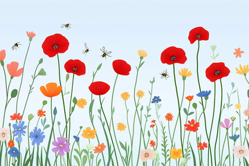 Naklejka premium A Vibrant Garden with Bright Red Poppies Swaying in the Breeze for a Cheerful Scene