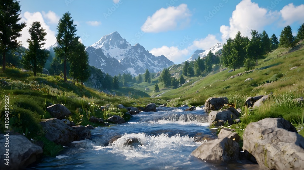 Poster a powerful mountain stream rushing downhill with incredible force carving its way through rocks and 