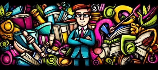 A colorful illustration featuring a confident man surrounded by various creative items.