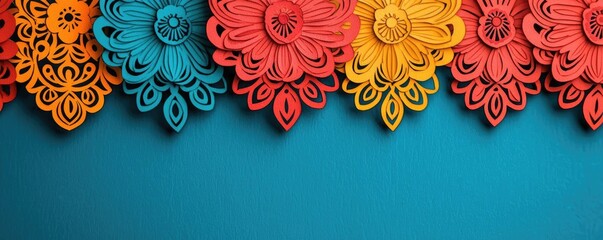 Vibrant paper flowers in red, blue, and yellow arranged on a bright turquoise background, creating a lively decorative element.