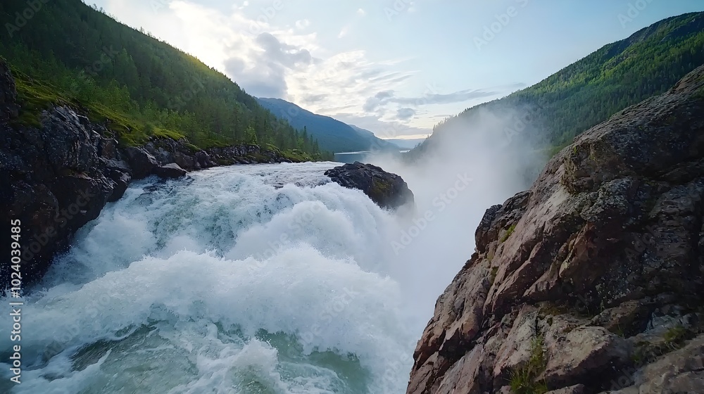 Poster breathtaking view of a powerful waterfall crashing over a towering cliff creating a constant thunder