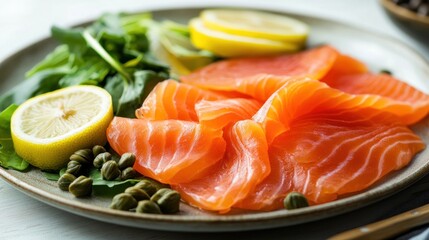 A plate featuring fresh salmon, lemon slices, capers, and greens, emphasizing a healthy meal.