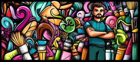 Obraz premium A colorful art-themed illustration featuring a man surrounded by various art supplies.