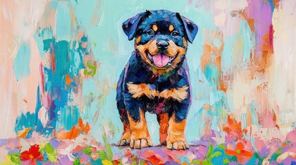 Fototapeta premium A colorful painting of a happy Rottweiler puppy surrounded by vibrant flowers.