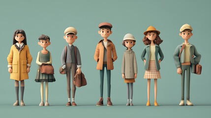 Seven 3D cartoon characters standing in a row, dressed in casual clothes, against a light blue background.