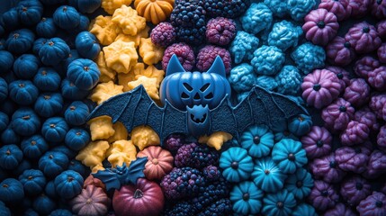 A colorful Halloween-themed arrangement featuring pumpkins and a bat decoration.