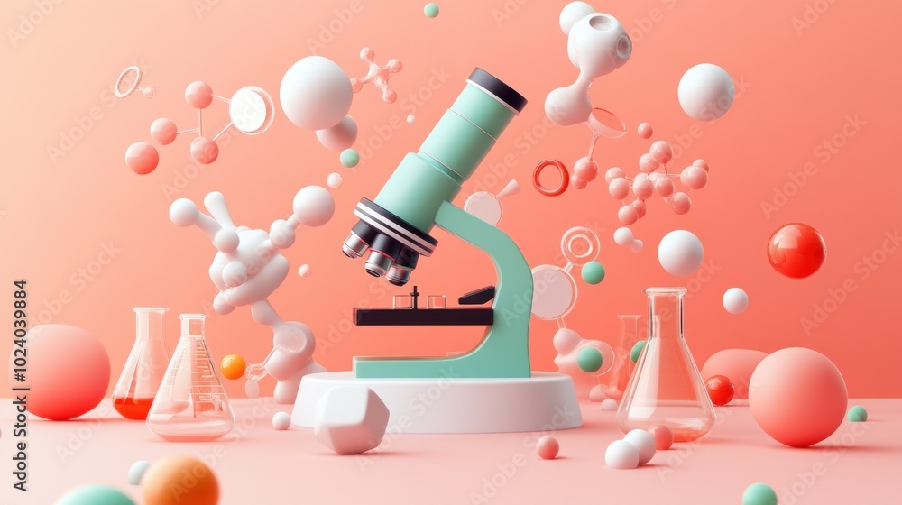 Poster a colorful microscope surrounded by laboratory glassware and abstract shapes, symbolizing science.