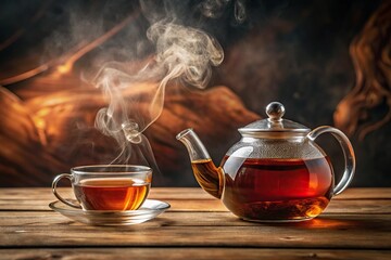 Hot tea in glass teapot and cup with steam on wooden background