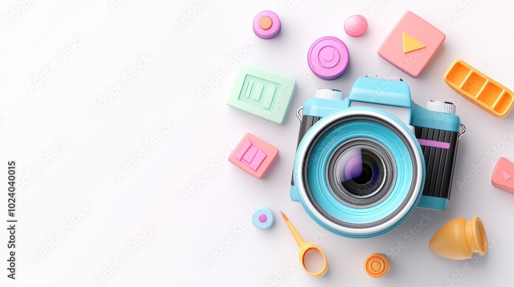 Poster a colorful toy camera surrounded by various playful blocks and shapes.